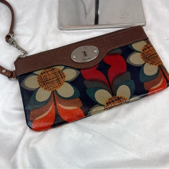 Fossil Wristlet Key-Per Vintage Boho Daisy Floral Print Leather Trim 7x4 - Picture 6 of 8